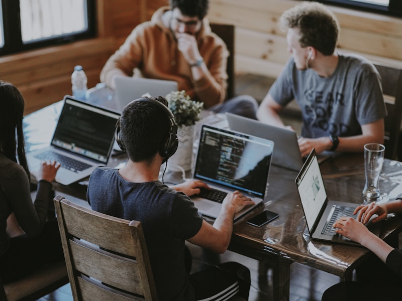 Professional software development team collaborating